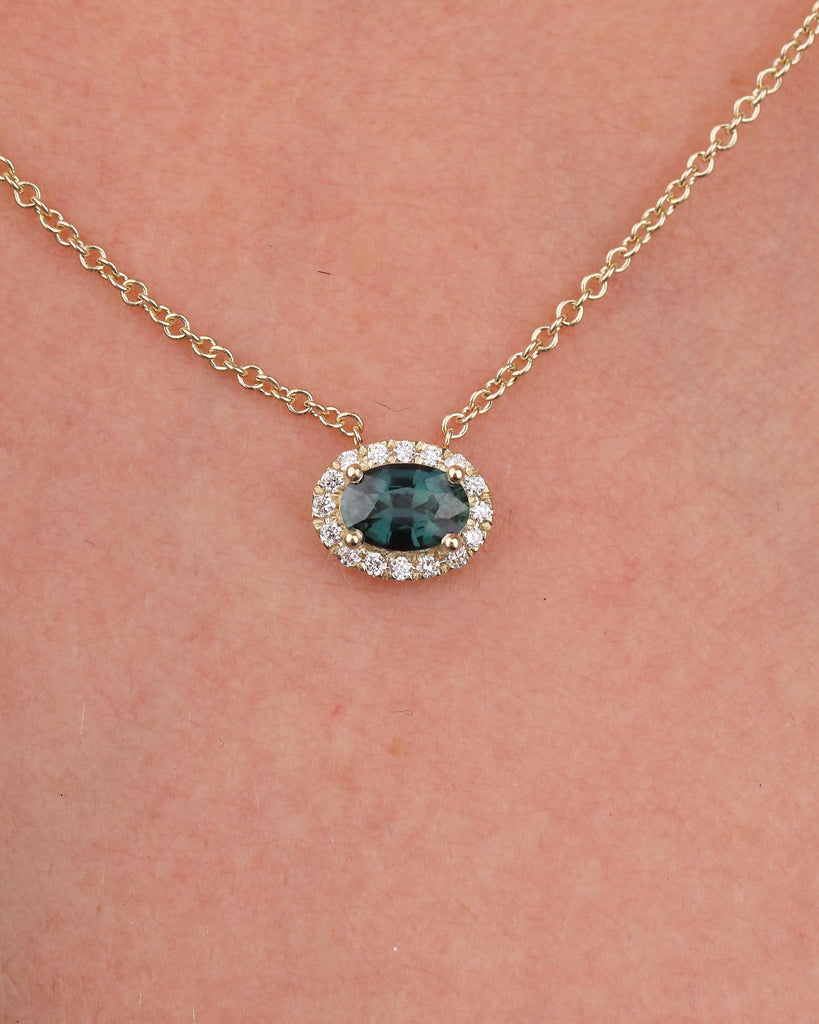 14k Yellow Gold Oval Teal Sapphire Necklace Pendant with Diamond Halo, Birthstone Jewelry image #16
