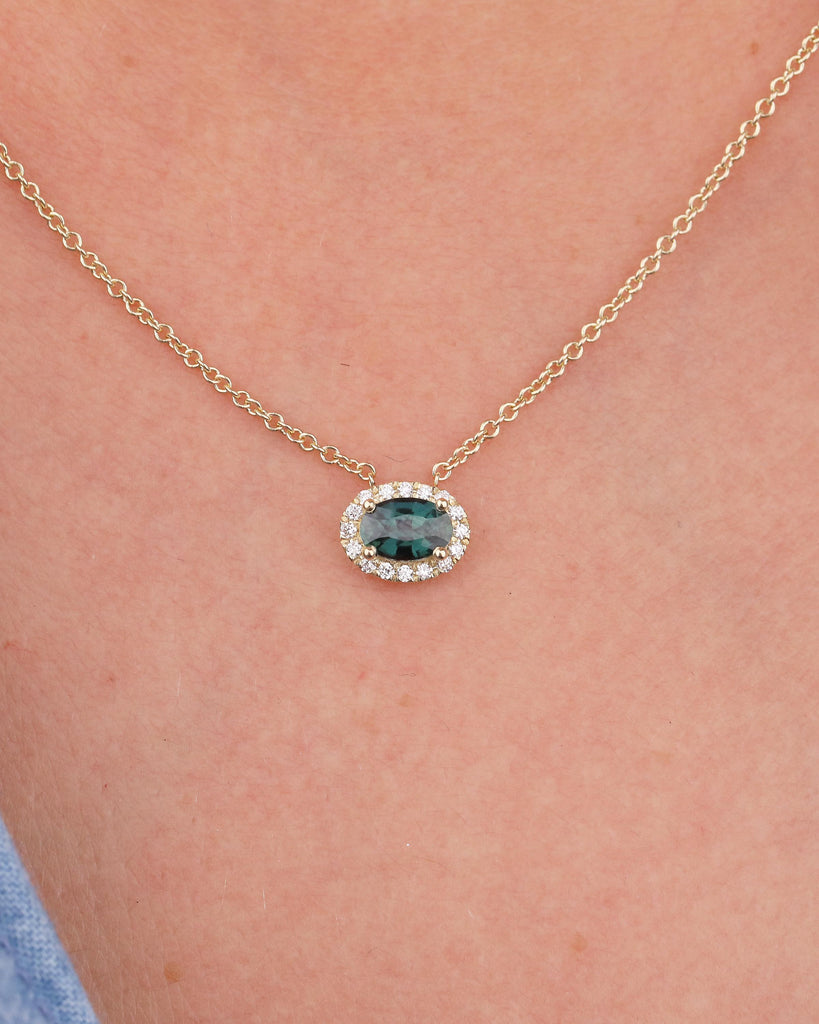 Oval Teal Sapphire Pendant, Diamond Halo, Dainty 18k/14k Gold East West Blue Green Gemstone Pendant, Solitaire Everyday Birthstone Necklace image #9