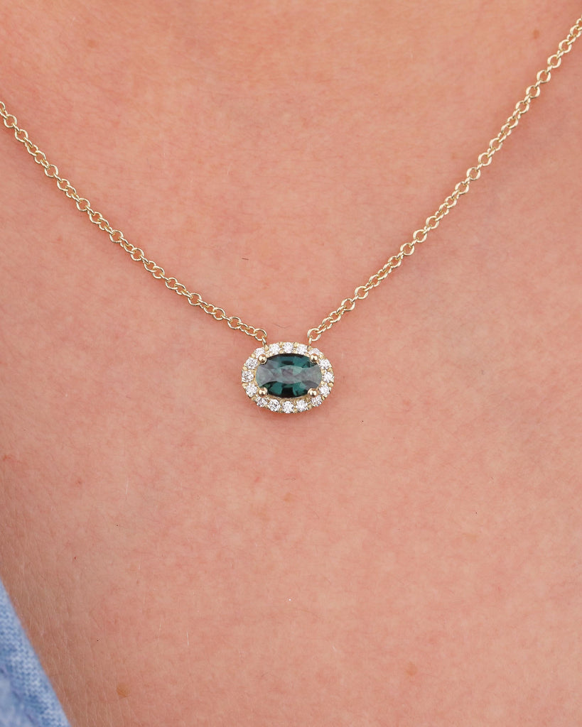 14k Yellow Gold Oval Teal Sapphire Necklace Pendant with Diamond Halo, Birthstone Jewelry image #9