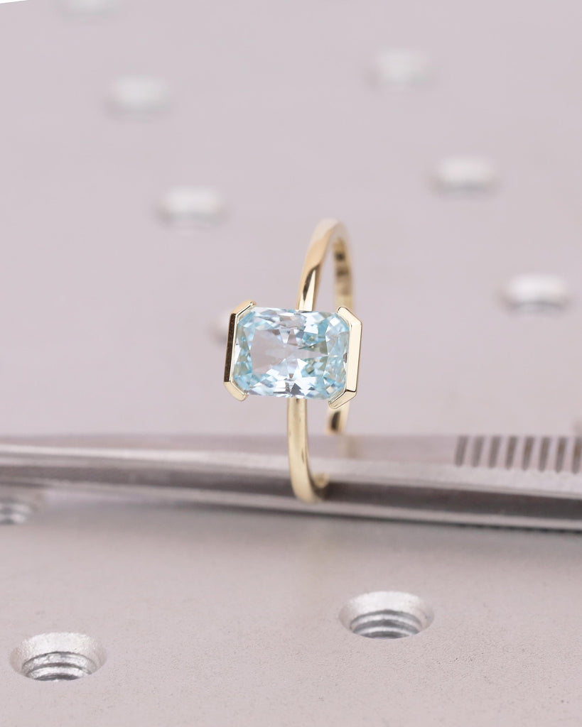 Solitaire Aquamarine Engagement Ring, Radiant Cut Rings, Half Bezel 14k Yellow Gold Birthstone Ring image #2