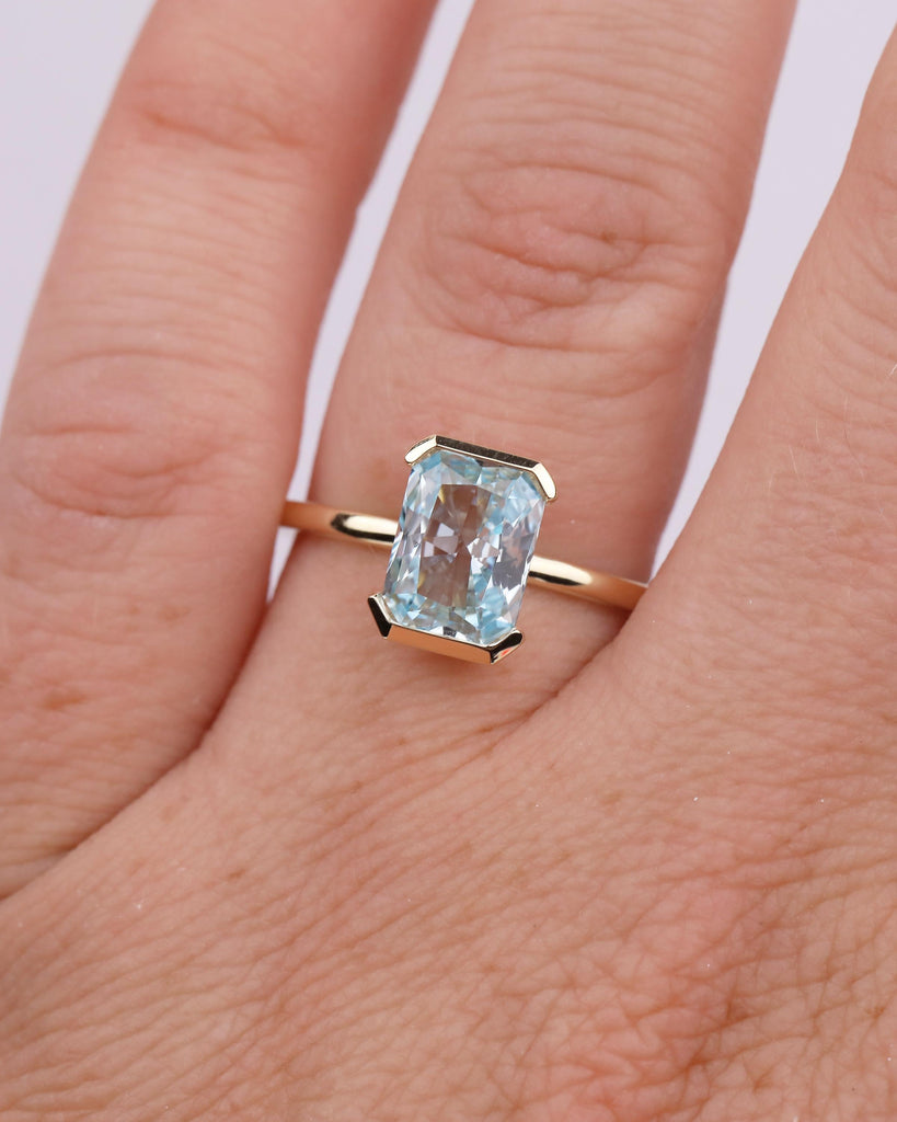 Solitaire Aquamarine Engagement Ring, Radiant Cut Rings, Half Bezel 14k Yellow Gold Birthstone Ring image #1