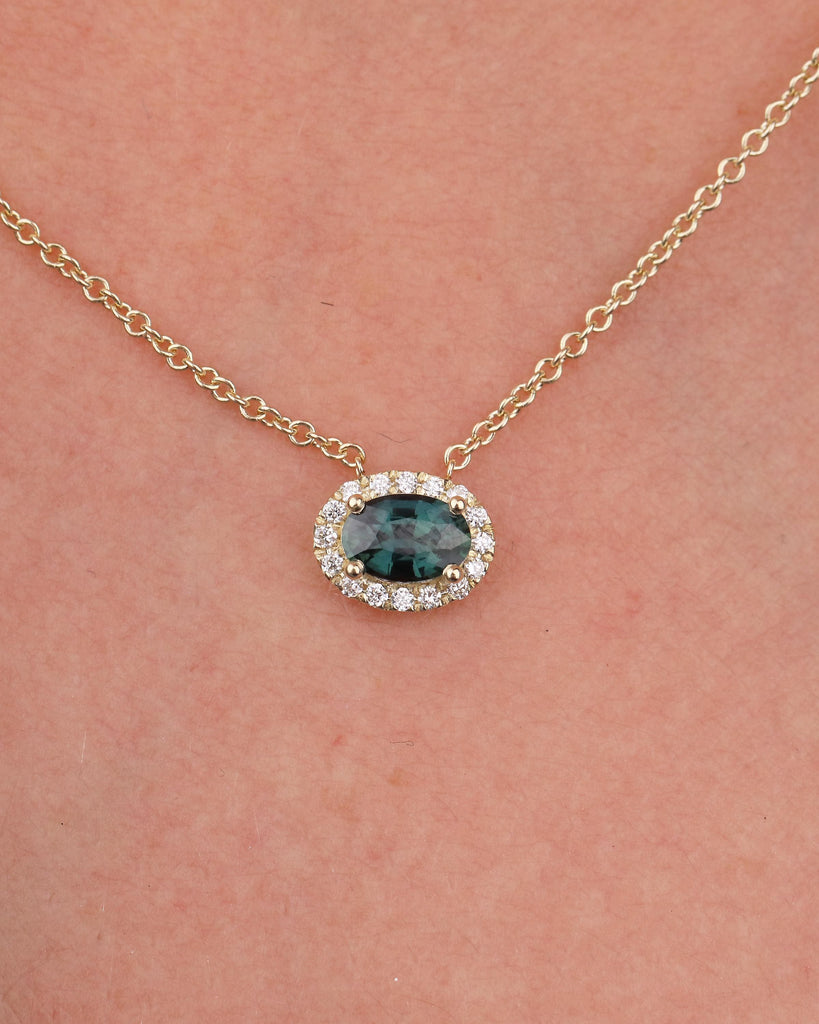 Oval Teal Sapphire Pendant, Diamond Halo, Dainty 18k/14k Gold East West Blue Green Gemstone Pendant, Solitaire Everyday Birthstone Necklace image #2