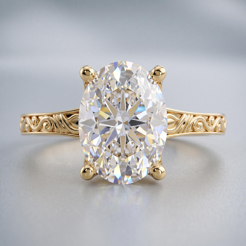 14k Yellow Gold Diamond Solitaire Art Deco Promise Ring for Her | Oval cut Ring Antique Bridal Jewelry image #2