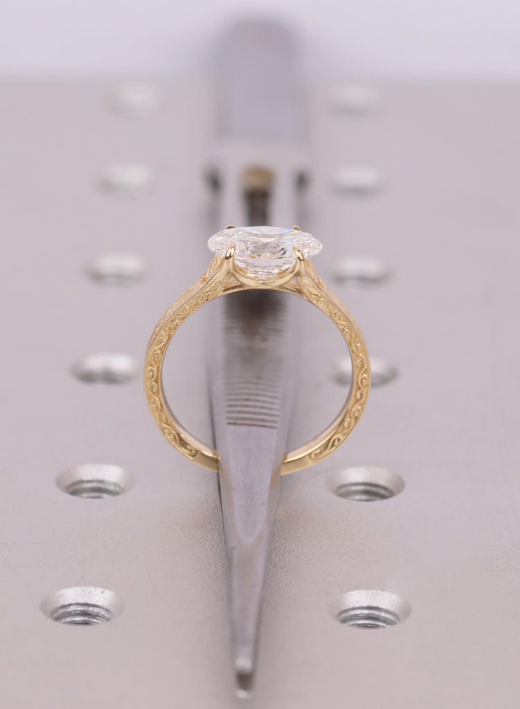 2 Carat Oval Cut Conflict Free Diamond Ring | Solitaire Lab Grown Diamond | 18K Yellow Gold Engagement Ring | Dainty Engraved Ring For Women image #9