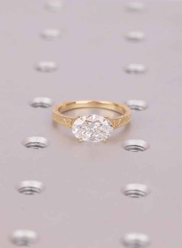 2 Carat Oval Cut Conflict Free Diamond Ring | Solitaire Lab Grown Diamond | 18K Yellow Gold Engagement Ring | Dainty Engraved Ring For Women image #2
