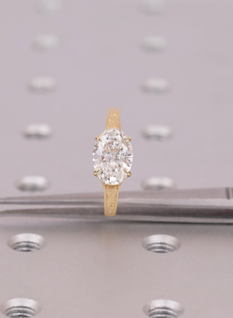 2 Carat Oval Cut Conflict Free Diamond Ring | Solitaire Lab Grown Diamond | 18K Yellow Gold Engagement Ring | Dainty Engraved Ring For Women image #8