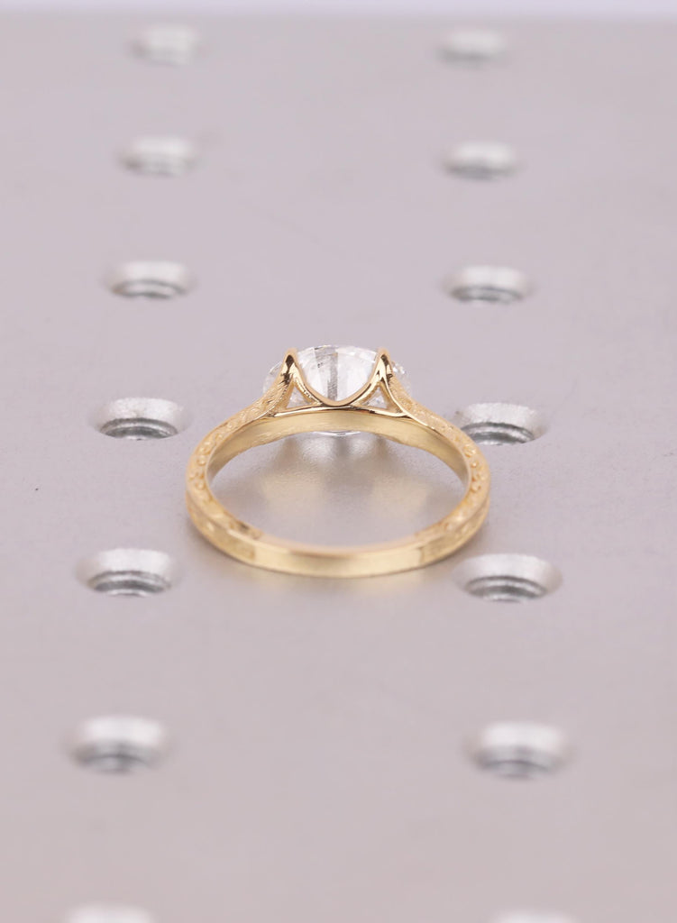 Vintage East West Oval Lab Diamond Engagement Ring, 18K Gold Custom Filigree Engraved Band, Claw Prong Wedding Ring image #5