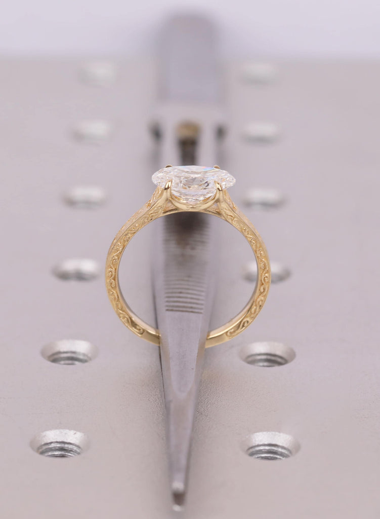 Vintage East West Oval Lab Diamond Engagement Ring, 18K Gold Custom Filigree Engraved Band, Claw Prong Wedding Ring image #9