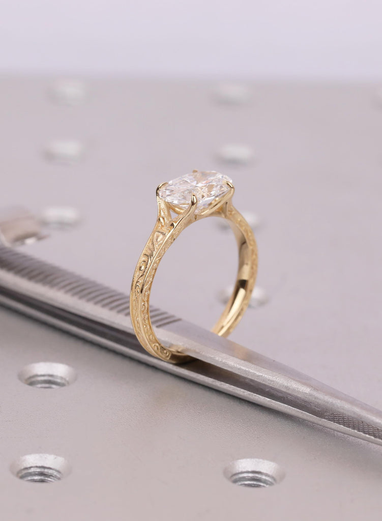 Vintage East West Oval Lab Diamond Engagement Ring, 18K Gold Custom Filigree Engraved Band, Claw Prong Wedding Ring image #10