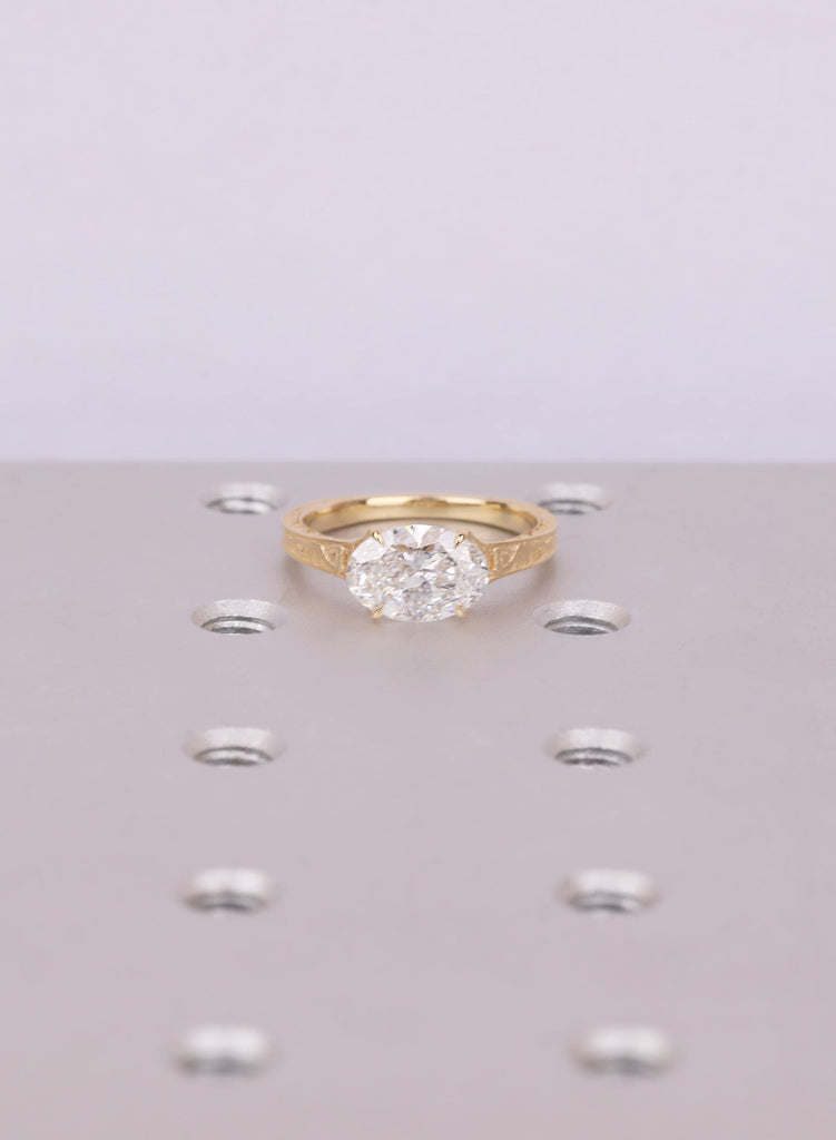 18K Solid Gold Dainty East West Oval Moissanite Engagement Ring, Vintage Filigree Engraved Band, Art Deco Solitaire Wedding Ring Jewelry