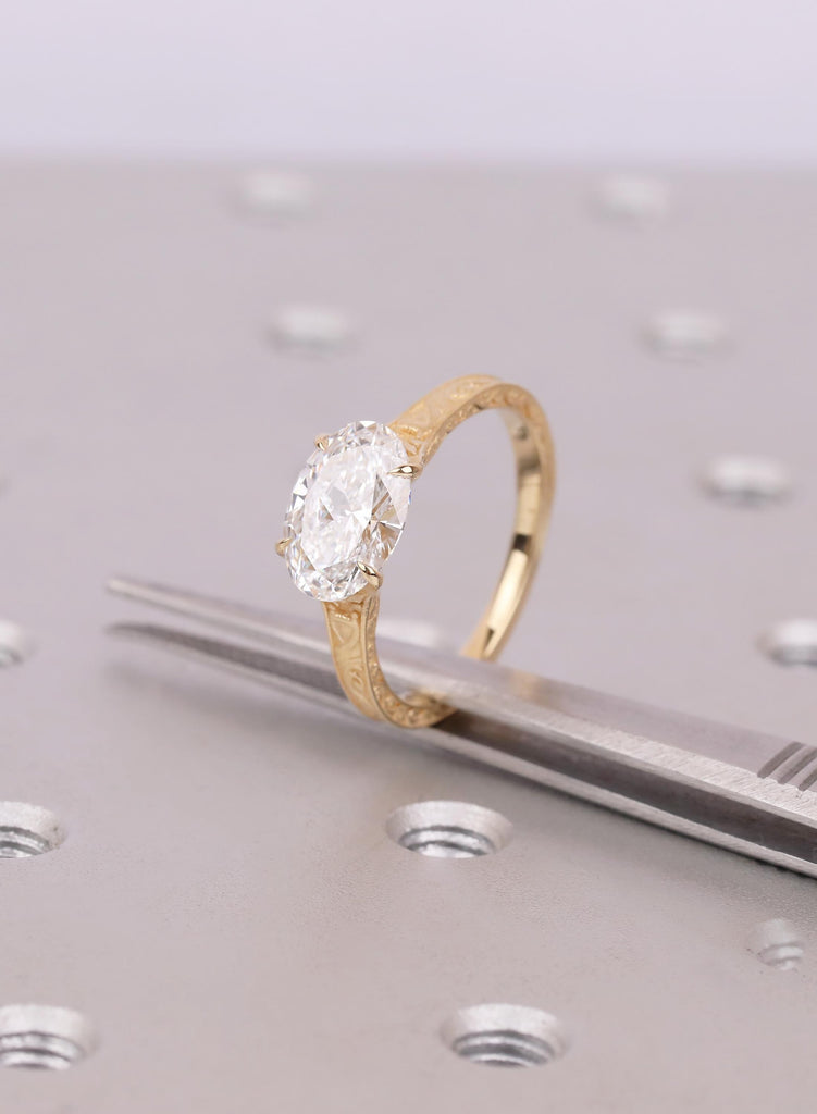 2 Carat Oval Cut Conflict Free Diamond Ring | Solitaire Lab Grown Diamond | 18K Yellow Gold Engagement Ring | Dainty Engraved Ring For Women