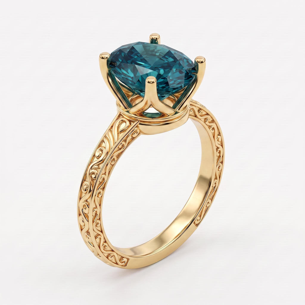2ct Teal Sapphire Vintage Engagement Ring for Women | Oval Solitaire Ring | Solid Gold or Platinum Filigree Wedding Band | Anniversary Gift image #2
