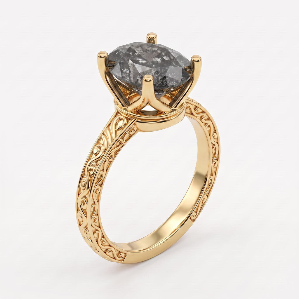 Natural Salt and Pepper Grey Diamond Solitaire Engagement Ring for Women | Oval cut Ring Antique Bridal Jewelry image #2