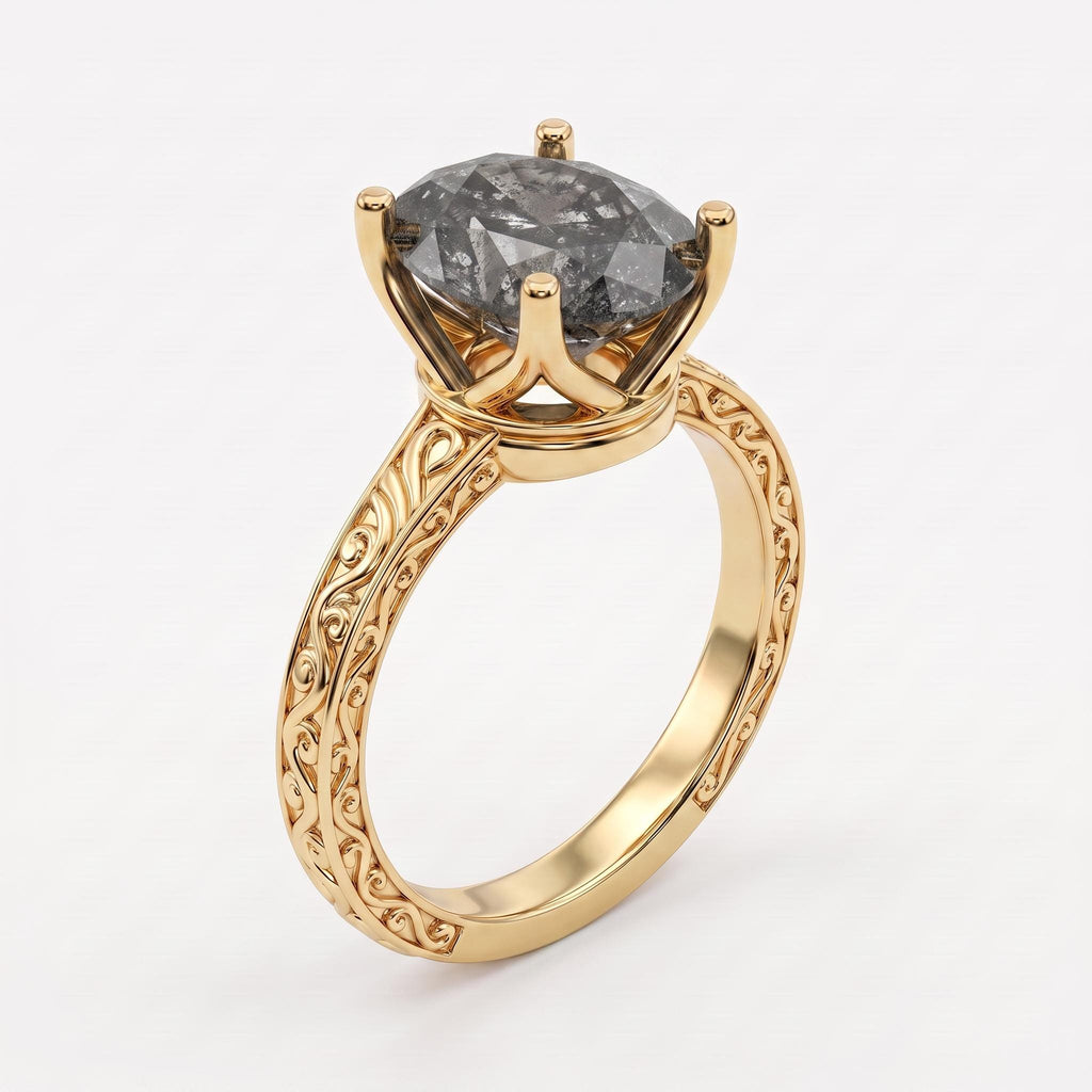 Solid Gold Handmade Filigree Wedding Band | Vintage Oval Solitaire Diamond Ring | Anniversary Gift for Her image #3