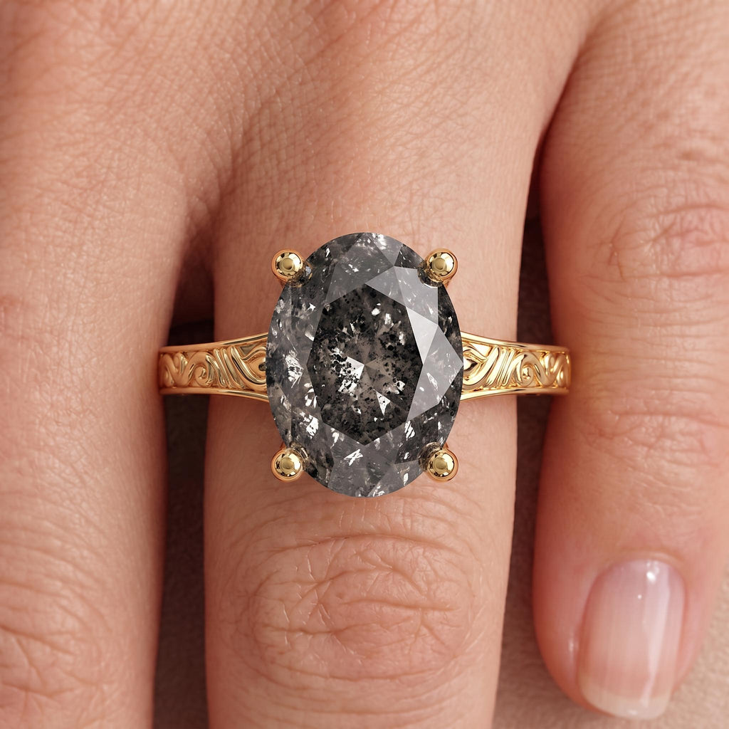 Natural Salt and Pepper Grey Diamond Solitaire Engagement Ring for Women | Oval cut Ring Antique Bridal Jewelry image #1