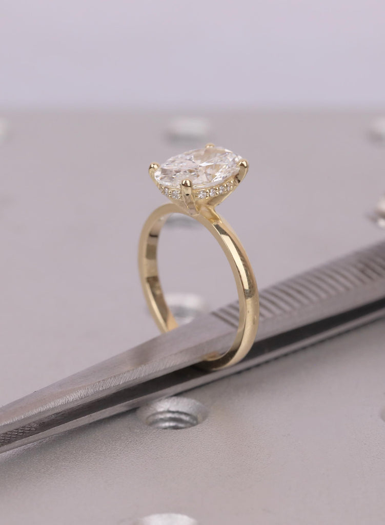 14K Yellow Gold Oval Diamond Ring, Hidden Halo Engagement Ring with Side Stones, Lab Grown Diamond Ring, Dainty Anniversary Gift Jewelry image #11