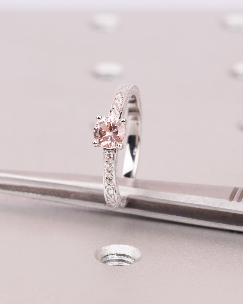 Pink Peach Morganite Engagement Ring, Vintage 14K White Gold Engagement Ring, Natural Morganite Side Stones, Dainty Art Deco Filigree Ring