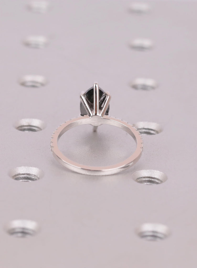 Raw Salt and Pepper Diamond Marquise cut Black and White Solid Gold Diamond Natural Diamond Wedding Ring, Six Prong Setting, Pave Side Stone image #5