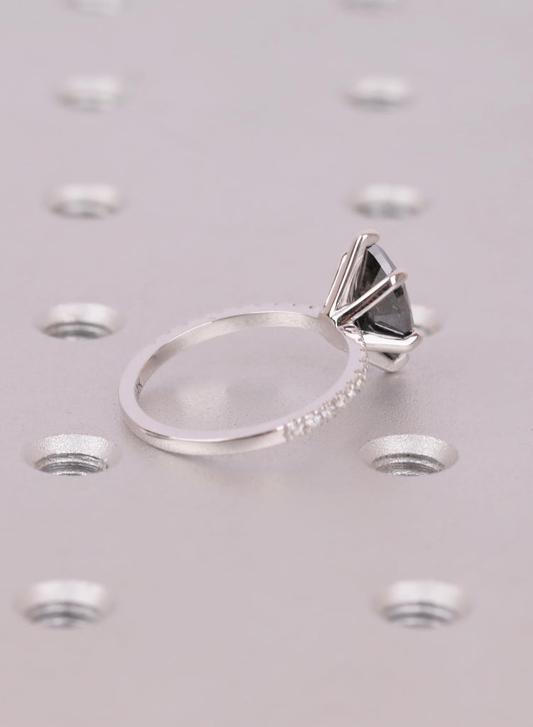 Raw Salt and Pepper Diamond Marquise cut Black and White Solid Gold Diamond Natural Diamond Wedding Ring, Six Prong Setting, Pave Side Stone image #4