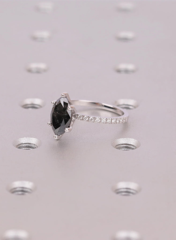 Raw Salt and Pepper Diamond Marquise cut Black and White Solid Gold Diamond Natural Diamond Wedding Ring, Six Prong Setting, Pave Side Stone image #7