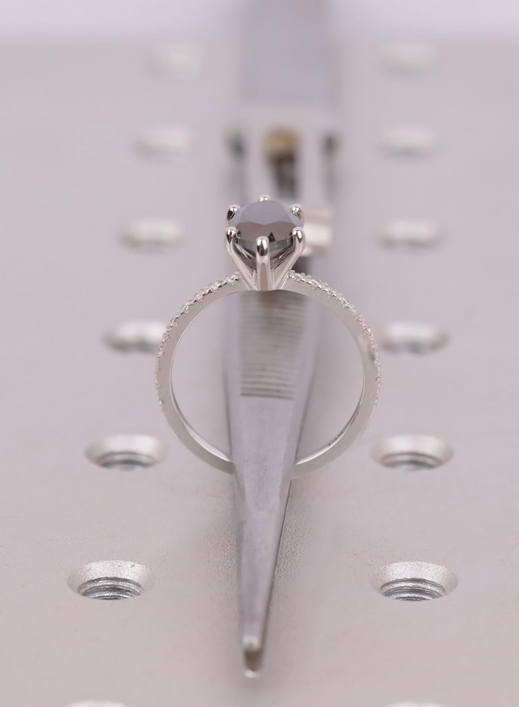 Raw Salt and Pepper Diamond Marquise cut Black and White Solid Gold Diamond Natural Diamond Wedding Ring, Six Prong Setting, Pave Side Stone image #11