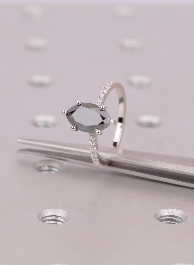 Raw Salt and Pepper Diamond Marquise cut Black and White Solid Gold Diamond Natural Diamond Wedding Ring, Six Prong Setting, Pave Side Stone image #8