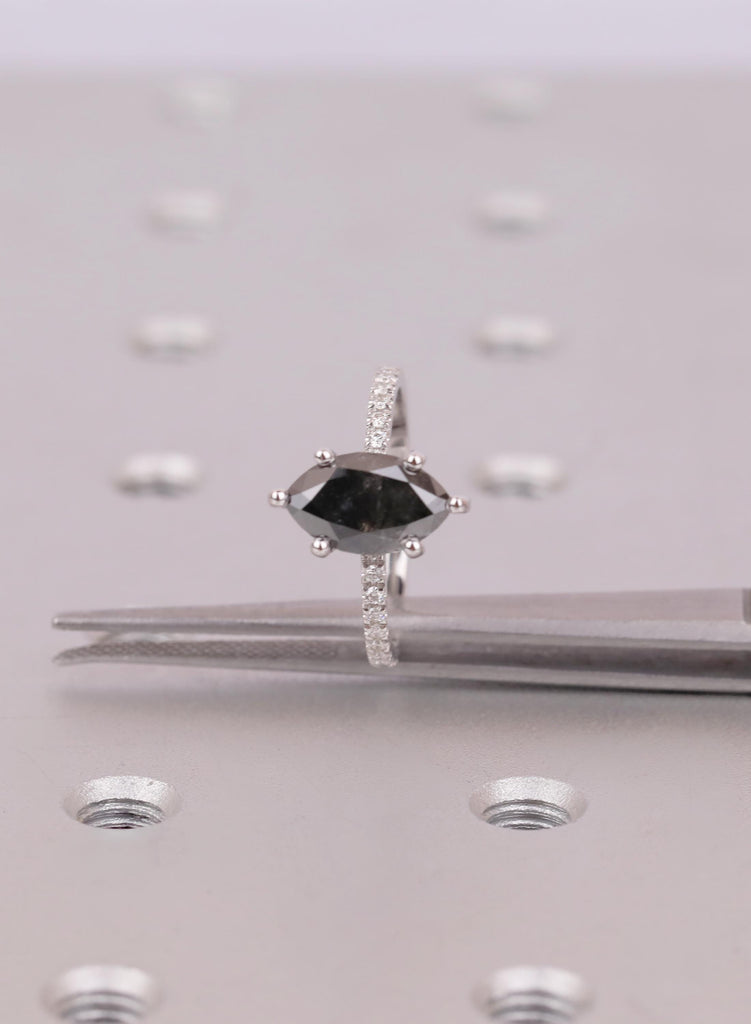 Raw Salt and Pepper Diamond Marquise cut Black and White Solid Gold Diamond Natural Diamond Wedding Ring, Six Prong Setting, Pave Side Stone image #10