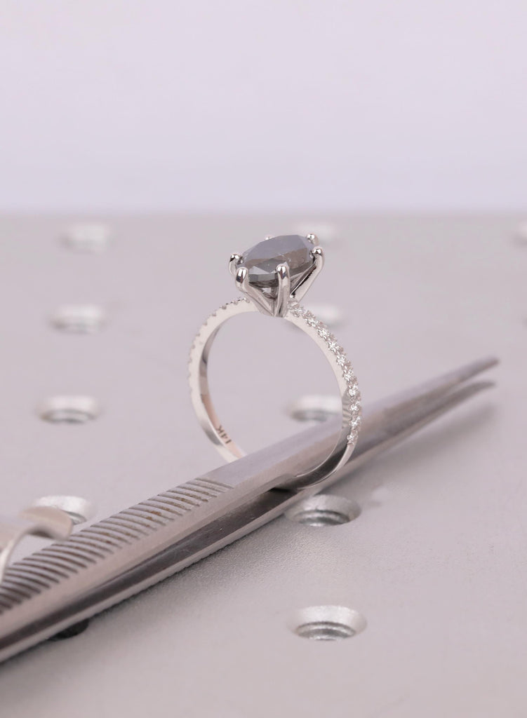 Raw Salt and Pepper Diamond Marquise cut Black and White Solid Gold Diamond Natural Diamond Wedding Ring, Six Prong Setting, Pave Side Stone image #14