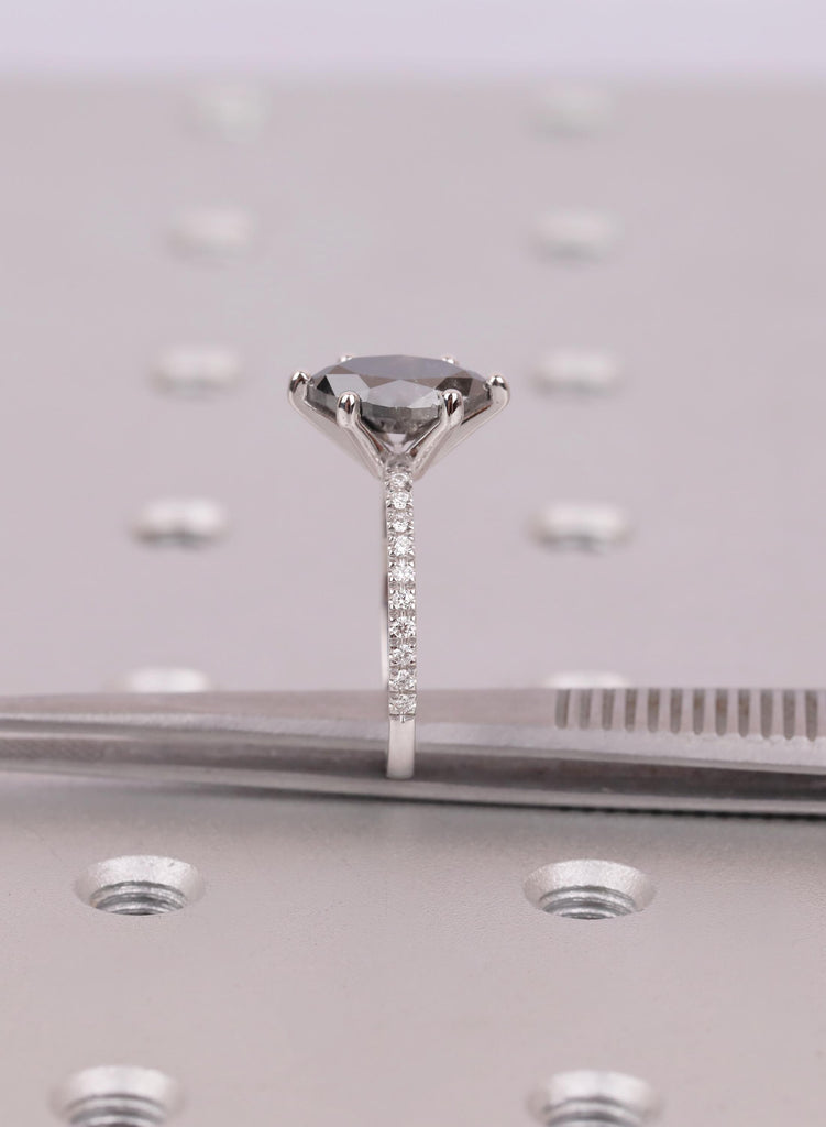 Raw Salt and Pepper Diamond Marquise cut Black and White Solid Gold Diamond Natural Diamond Wedding Ring, Six Prong Setting, Pave Side Stone image #13