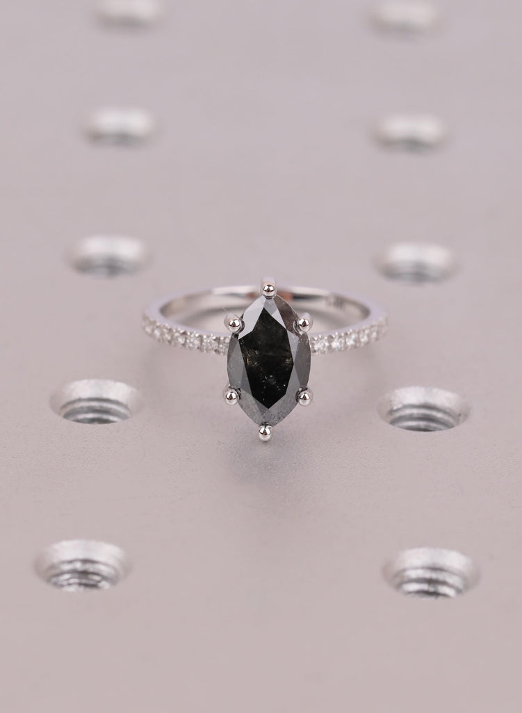 Raw Salt and Pepper Diamond Marquise cut Black and White Solid Gold Diamond Natural Diamond Wedding Ring, Six Prong Setting, Pave Side Stone