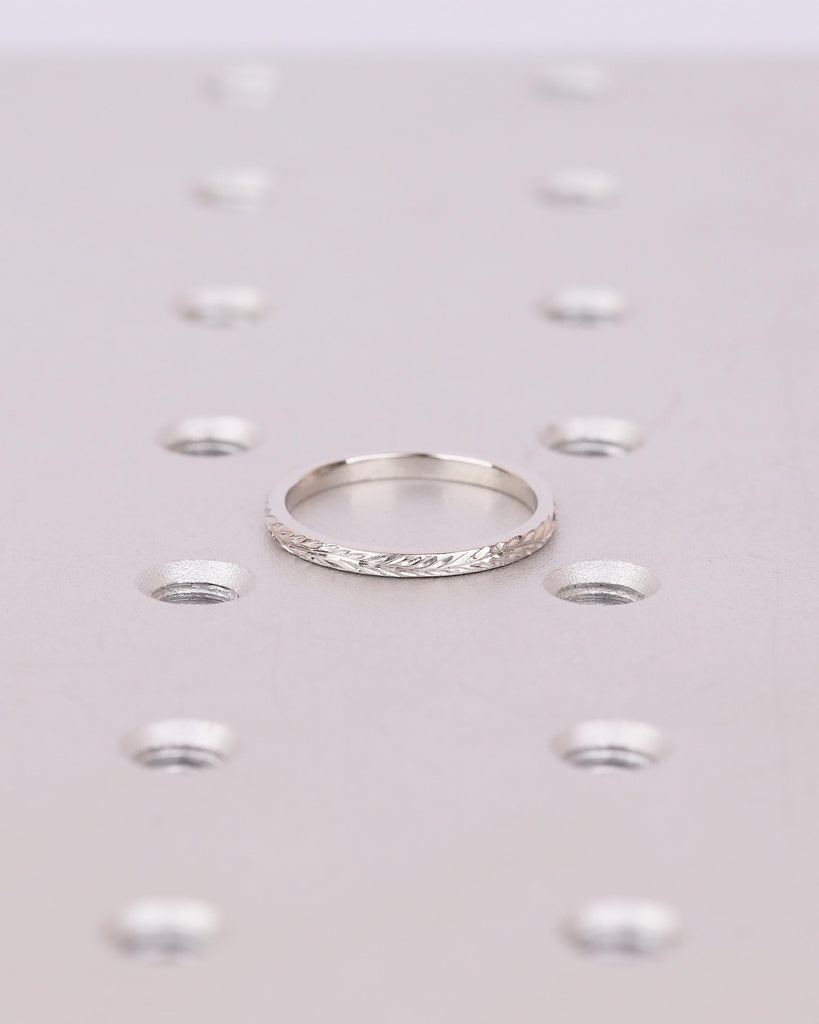 Minimalist Wedding Band, Platinum Hand Engraved Leaves Ring, Women Nature Jewelry image #13