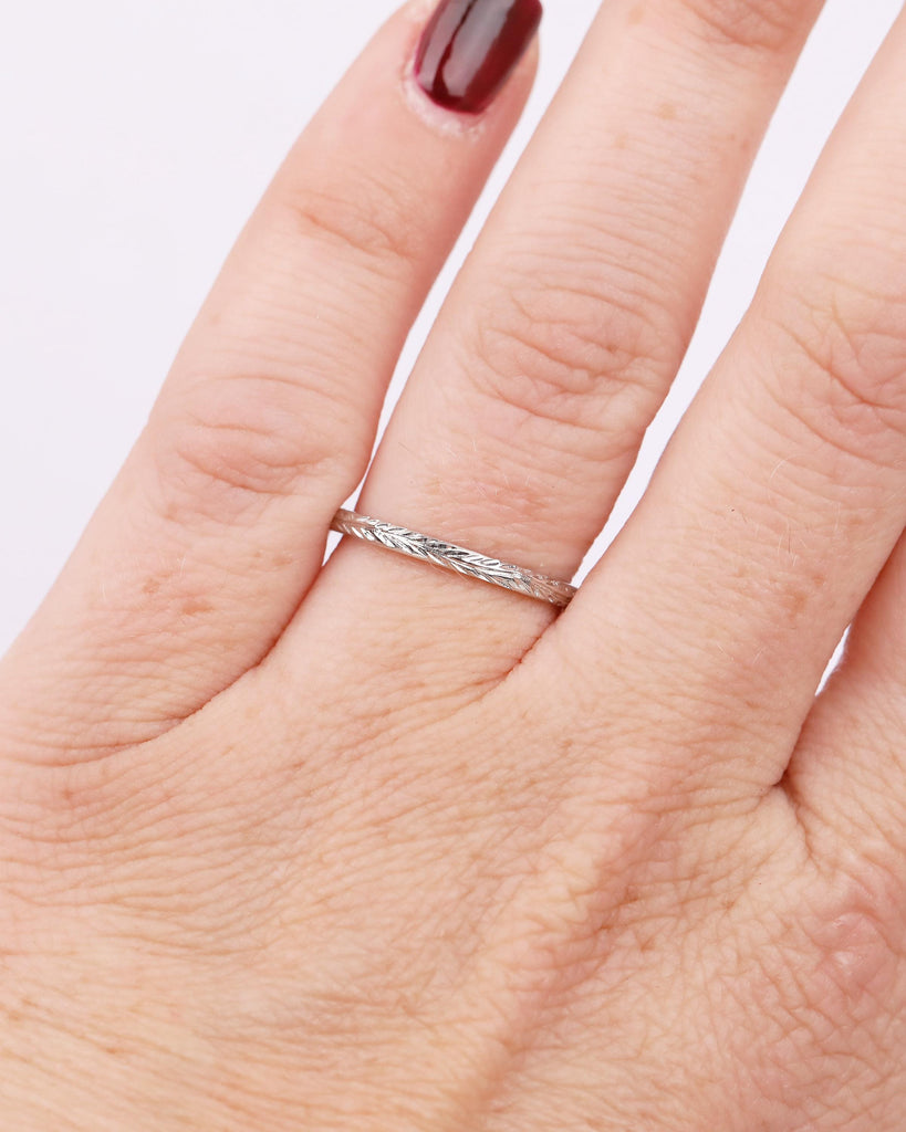 Minimalist Wedding Band, Platinum Hand Engraved Leaves Ring, Women Nature Jewelry image #12