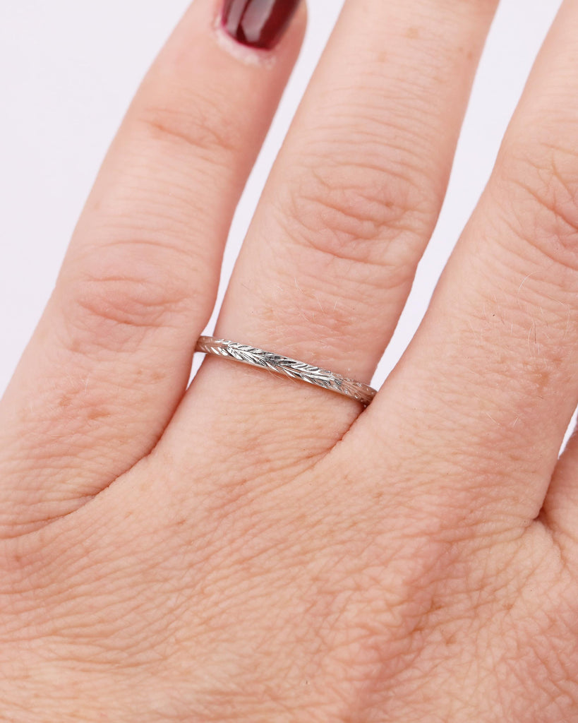 Minimalist Wedding Band, Platinum Hand Engraved Leaves Ring, Women Nature Jewelry image #8