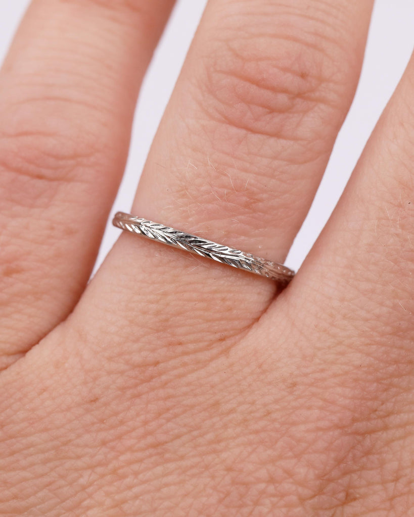 Minimalist Wedding Band, Platinum Hand Engraved Leaves Ring, Women Nature Jewelry image #15