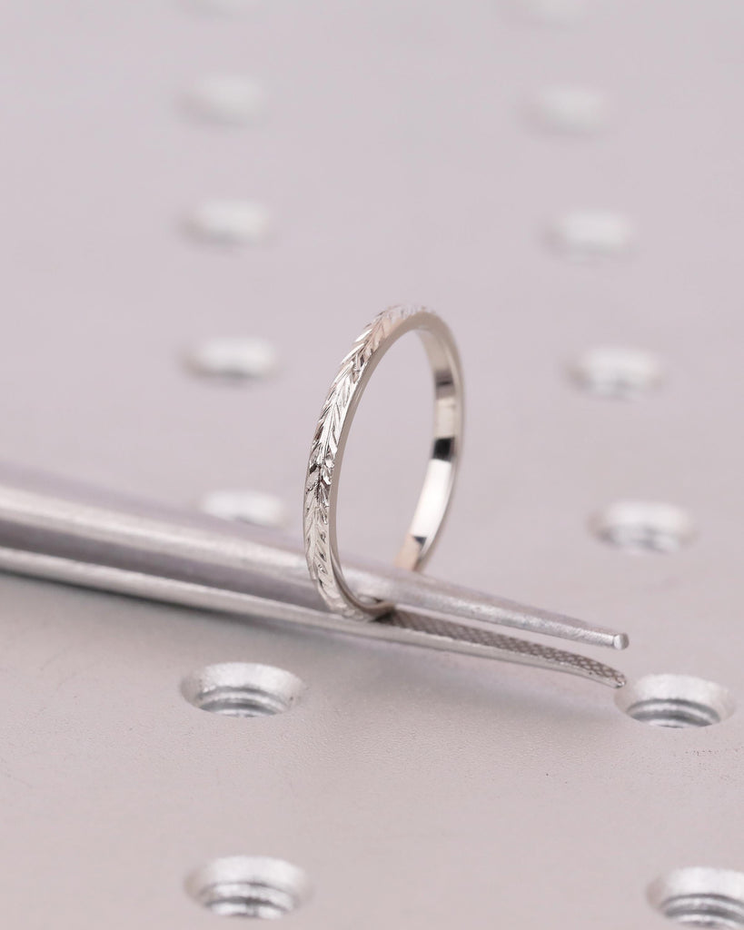 Minimalist Wedding Band, Platinum Hand Engraved Leaves Ring, Women Nature Jewelry image #7