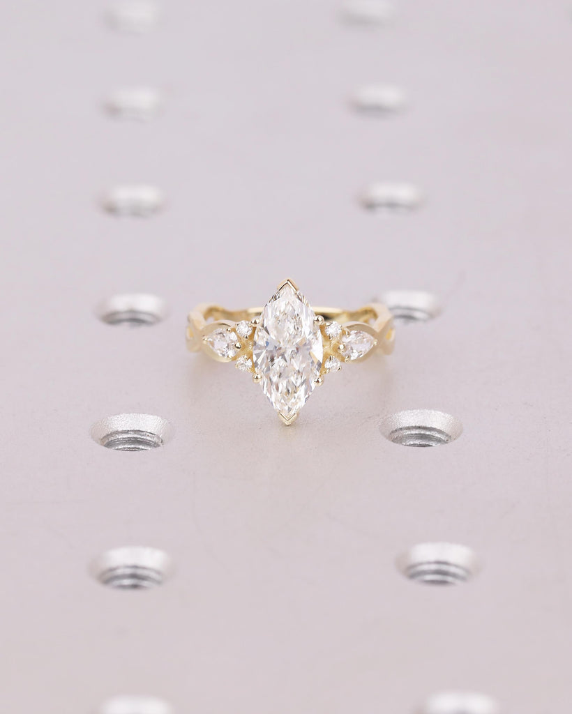 14k Solid Gold Marquise Moissanite Engagement Ring, Round Pear Diamond Cluster Ring image #18