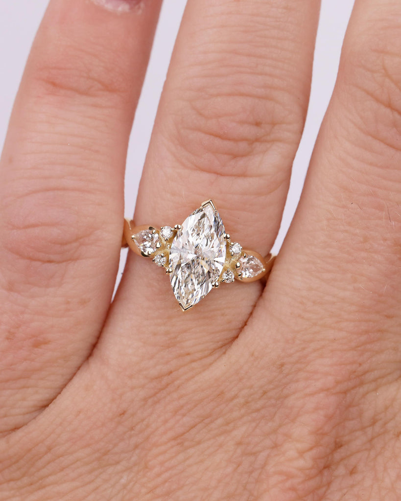 1-4ct Moissanite Marquise Ring, Art Deco 14k Gold Engagement Rings, Diamond Cluster Promise Ring for Her, Split Shank Vintage Style Jewelry image #2