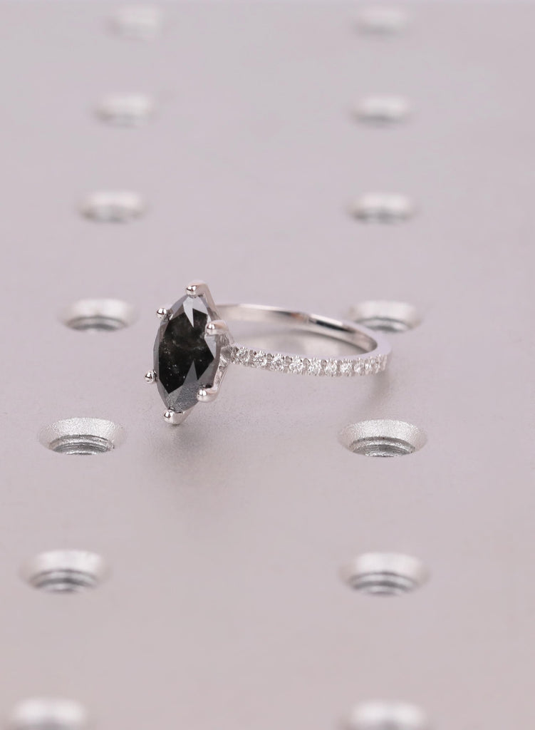 Marquise Salt and Pepper Diamond Ring, Six Prong Setting, Pave Side Stones, 14k/18k Solid Gold