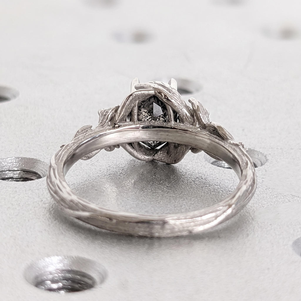 Salt and Pepper Diamond Platinum Engagement Ring | Unique Leaf Ring | Nature Inspired Women Jewelry image #4