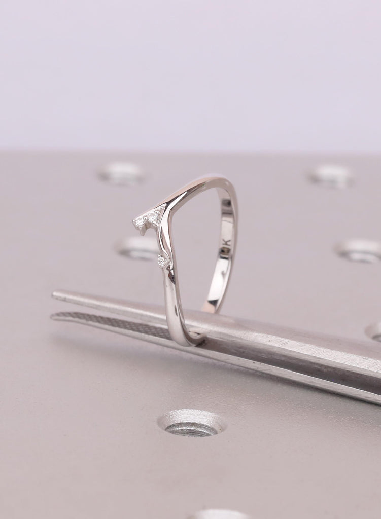 14K/18K Solid Gold Dainty Curved Wedding Band, Nature Inspired Leaf Branch Diamond Thin Wedding Band, Stacking Ring image #9