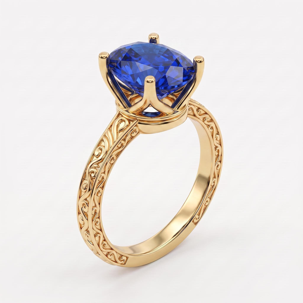 September Birthstone Oval Sapphire Filigree Wedding Band | 14k Yellow Gold Rings for Women | Antique Proposal Ring image #1