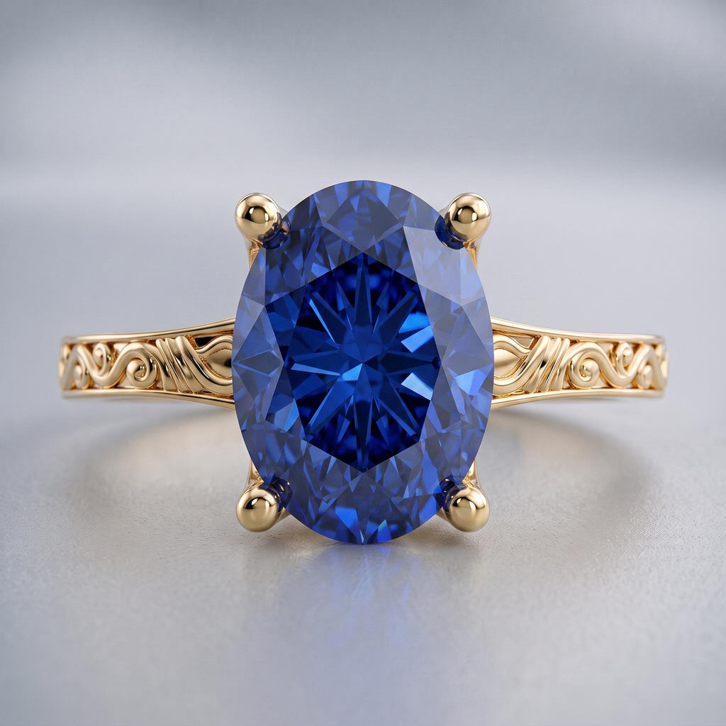 September Birthstone Oval Sapphire Filigree Wedding Band | 14k Yellow Gold Rings for Women | Antique Proposal Ring image #5