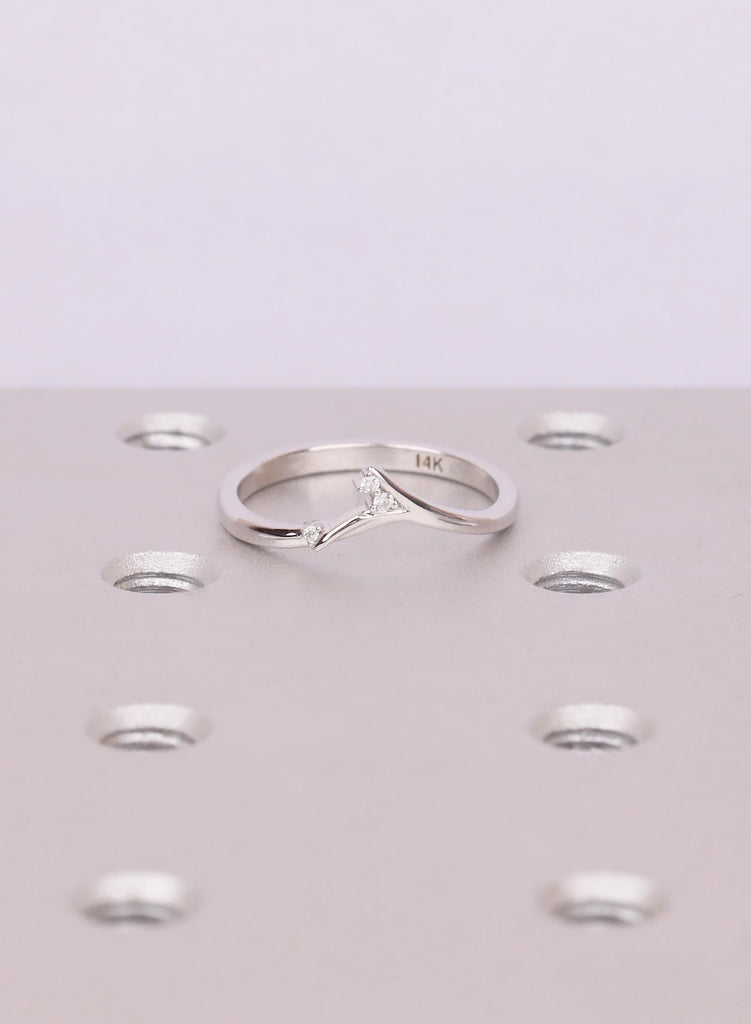 14K Gold Curved Wedding Band, Diamond Contour Stacking Ring, Nature Inspired Moissanite Matching Band, Delicate Promise Jewelry image #1