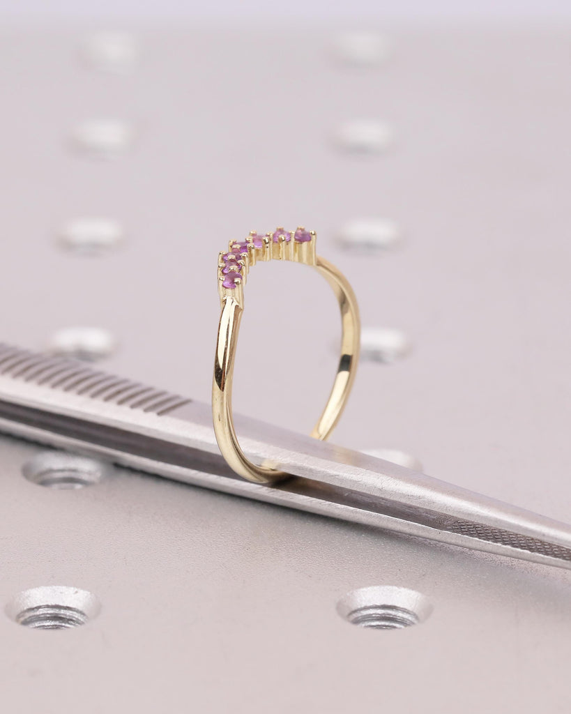 Curved Wedding Band Women, Dainty 14k Solid Gold Matching Rings, Round Amethyst Gemstone Ring, February Birthstone Jewelry, Anniversary Band image #5