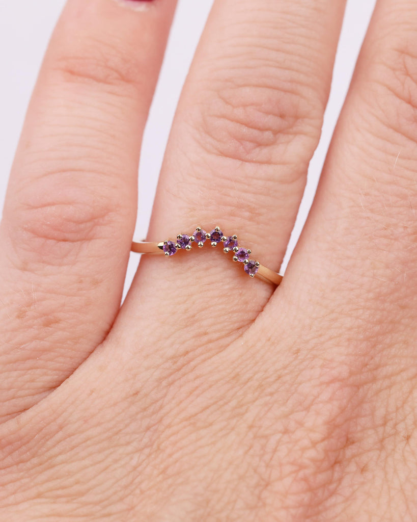 Curved Wedding Band Women, Dainty 14k Solid Gold Matching Rings, Round Amethyst Gemstone Ring, February Birthstone Jewelry, Anniversary Band image #14