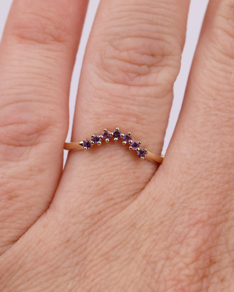 Curved Wedding Band Women, Dainty 14k Solid Gold Matching Rings, Round Amethyst Gemstone Ring, February Birthstone Jewelry, Anniversary Band image #2