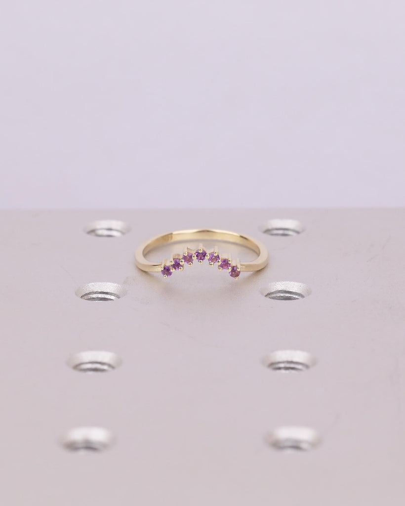 Curved Wedding Band Women, Dainty 14k Solid Gold Matching Rings, Round Amethyst Gemstone Ring, February Birthstone Jewelry, Anniversary Band image #1