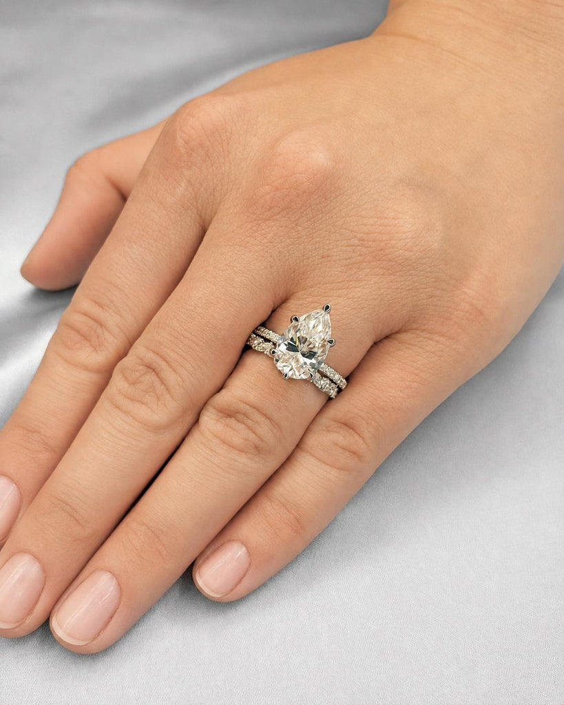 Vintage Hidden Halo Bridal Ring Set: Pear Moissanite Engagement Ring with Alternating Round & Marquise Curved Wedding Band, 14K White Gold