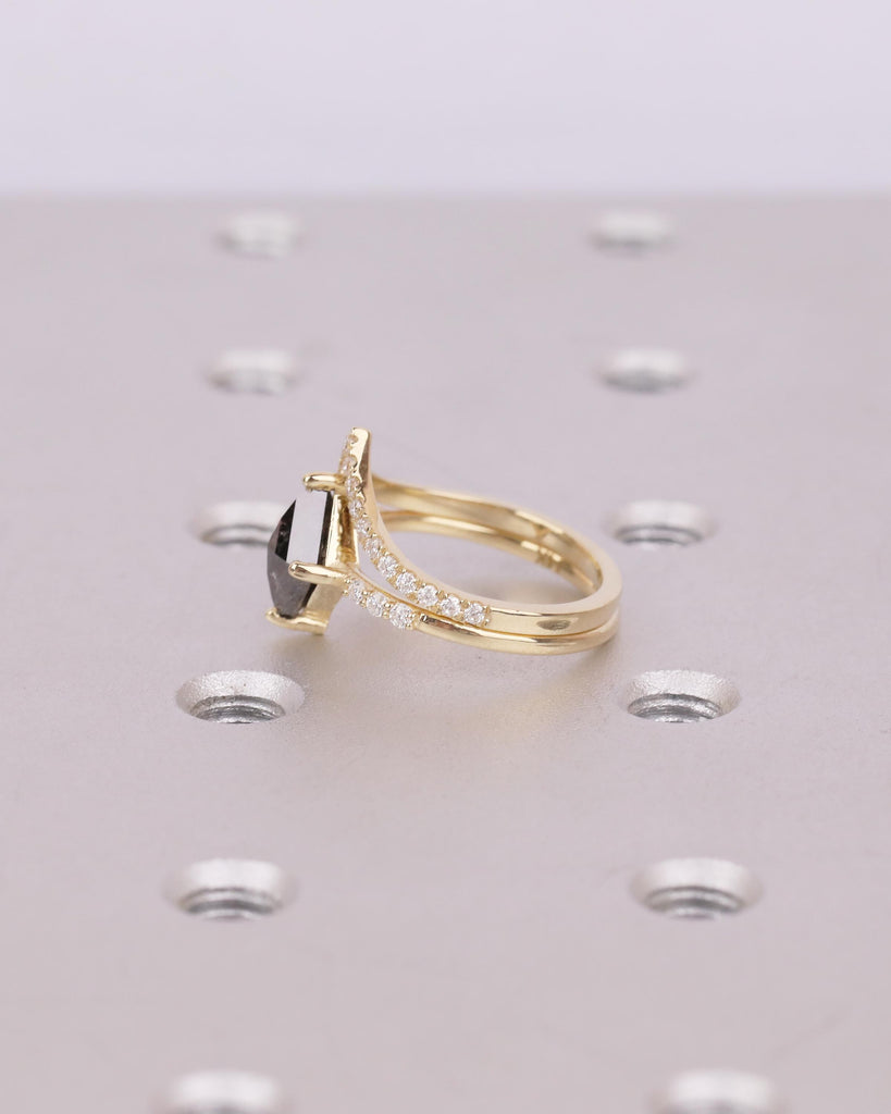 Kite Salt and Pepper Diamond Engagement Ring, Art Deco 14k Gold Bridal Ring Set, Moissanite Stacking Rings, Anniversary jewelry for Women image #8