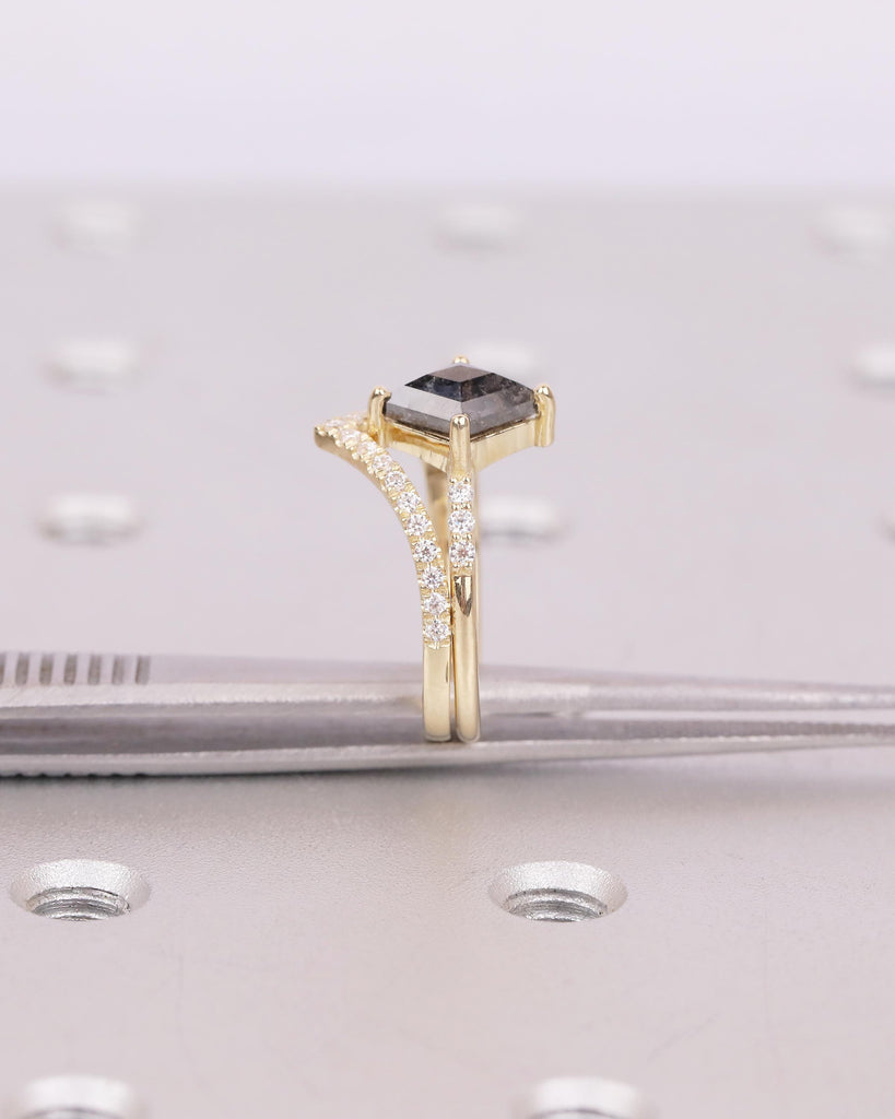 Kite Salt and Pepper Diamond Engagement Ring, Art Deco 14k Gold Bridal Ring Set, Moissanite Stacking Rings, Anniversary jewelry for Women image #15